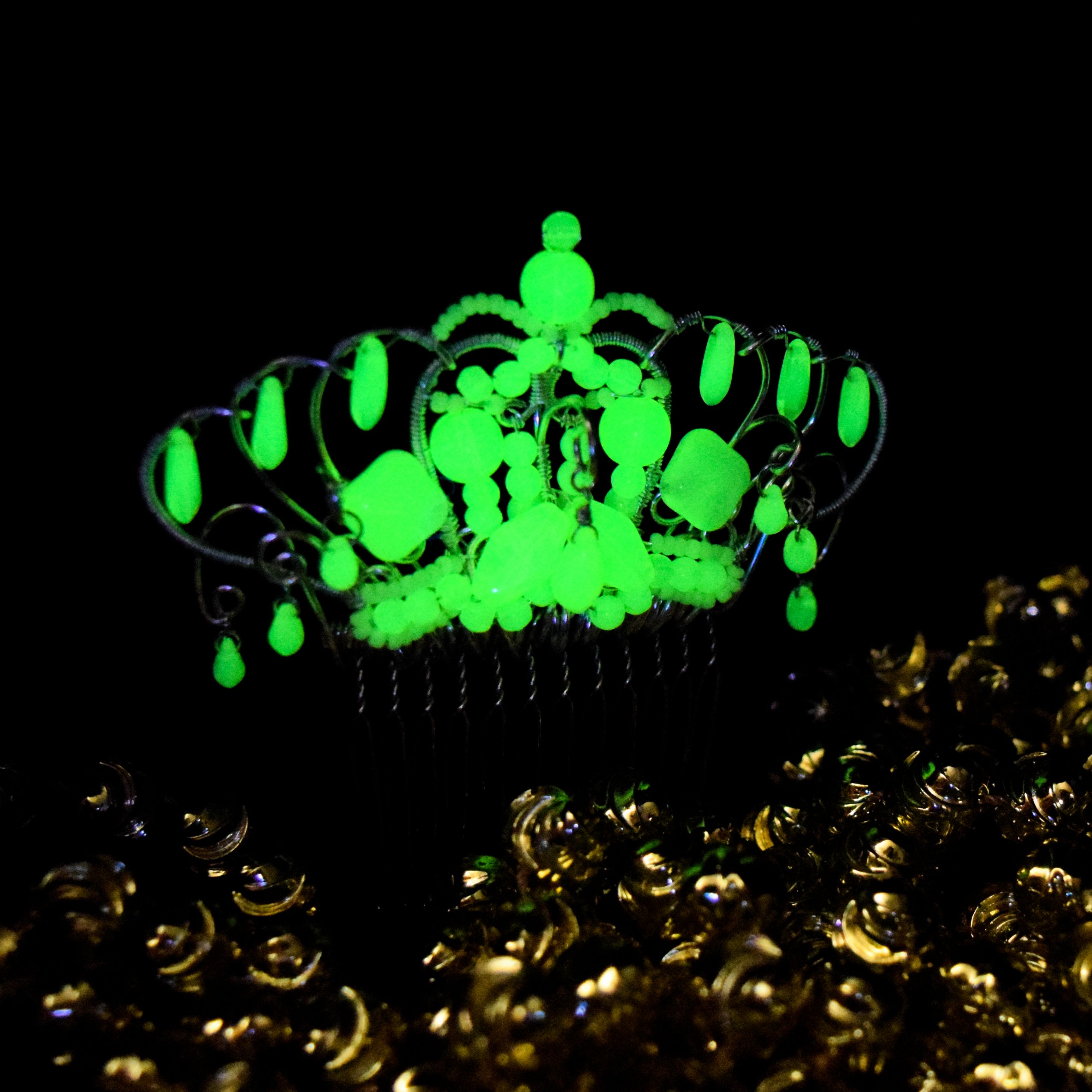 A uranium glass bead necklace glowing with high neon contrasts